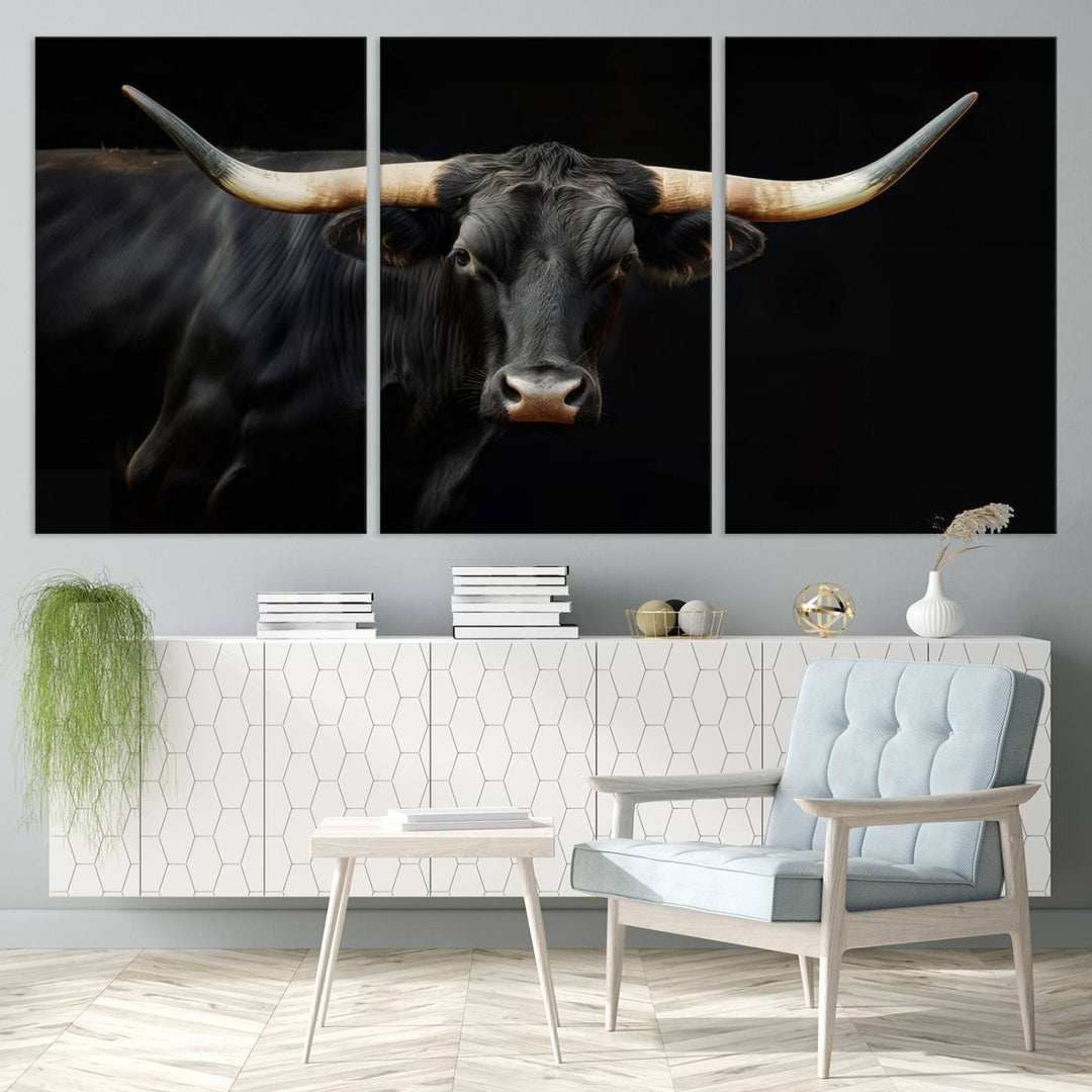 Texas Longhorn Cow | Majestic Black Bull Wall Art Canvas Print - Farmhouse Animal Decor - Ready to Hang