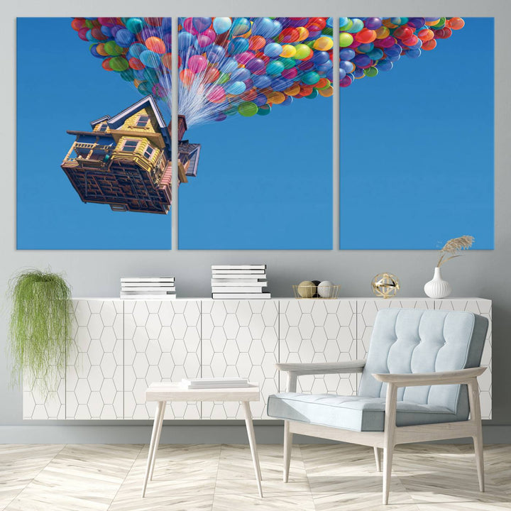 The "Carl Fredricksen, Up Movie Wall Art" features a three-panel design with a house lifted by colorful balloons, adding whimsical decor to any space.