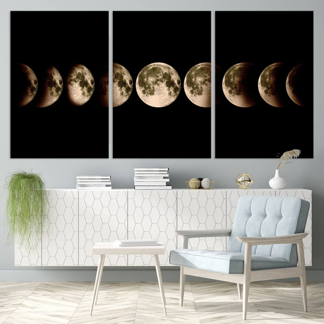 The "Phases of the Moon Wall Art" canvas print elegantly hangs on the wall.