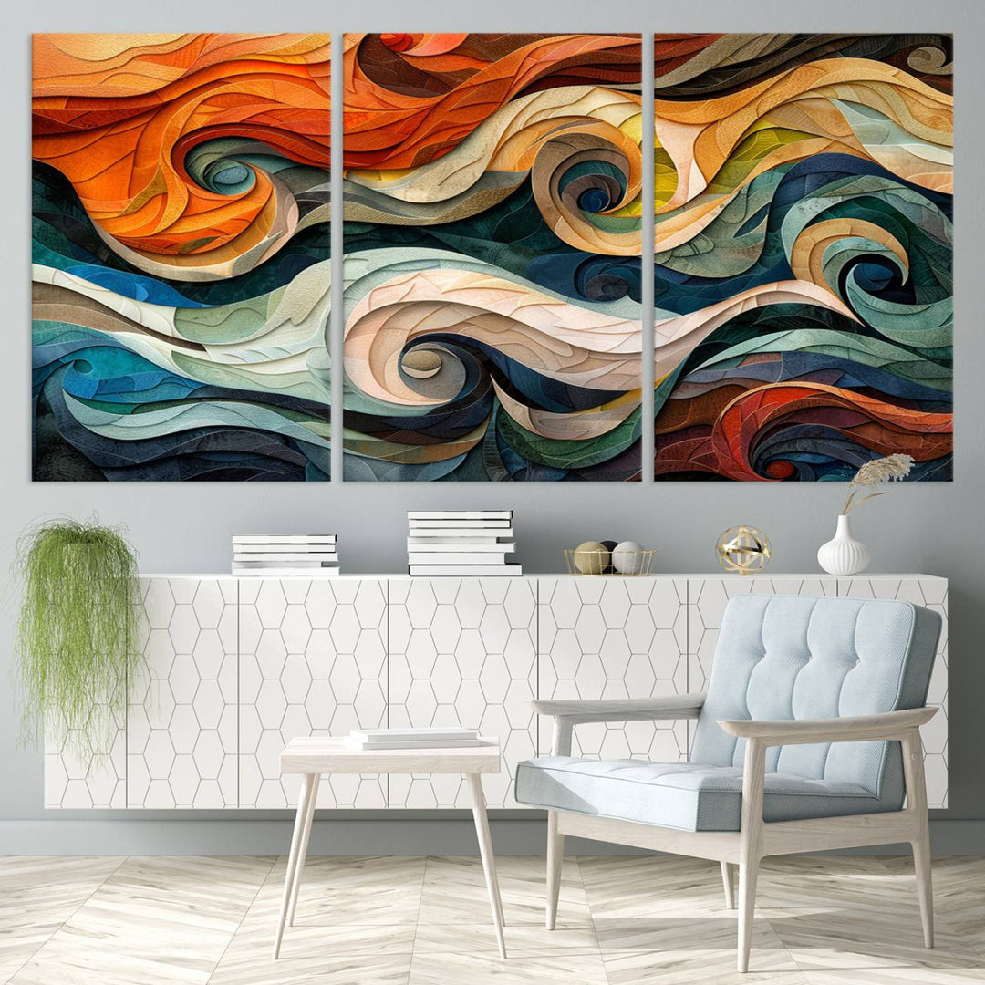 Abstract Wave Wall Art is a ready-to-hang framed canvas print featuring swirling orange, blue, and white patterns. It's perfect for adding vibrant decor to modern spaces.