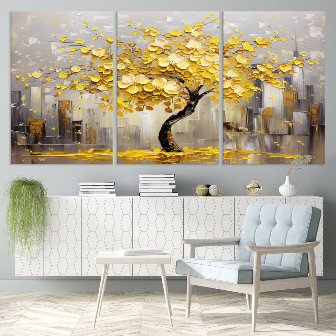 A framed canvas print from the "Golden Tree Canvas Print | Abstract Wall Art for Modern Homes | Ready to Hang Framed Artwork" collection hangs elegantly against the dark wall, epitomizing exquisite abstract wall art.