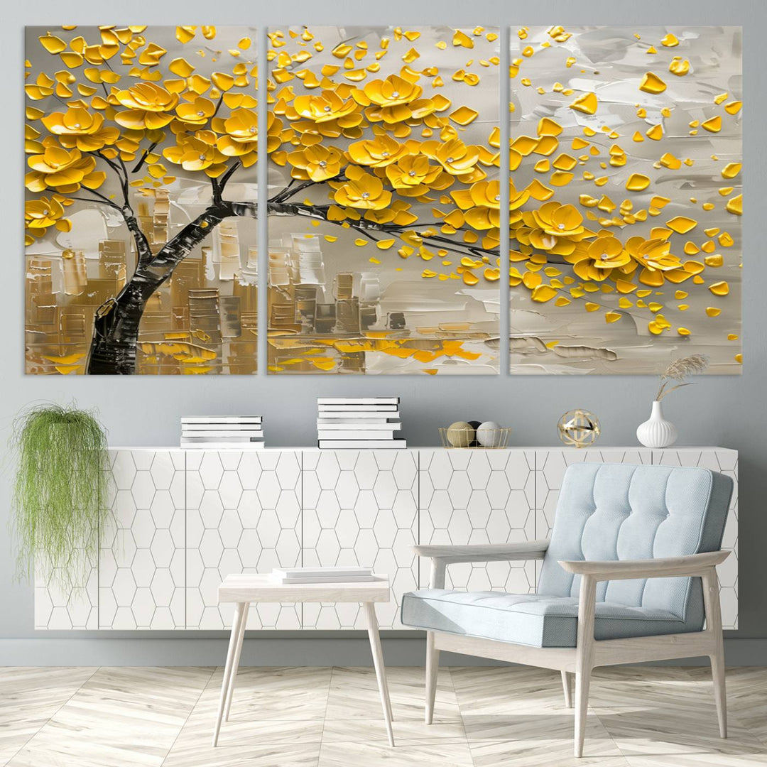 Yellow Blossom Tree Canvas Wall Art, featuring a floral abstract modern design, is elegantly displayed against a dark wall. This sophisticated piece enhances the contemporary aesthetic of the space.