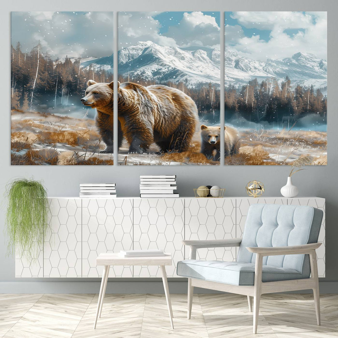 The modern living room features a Bear and Baby Bear Wall Art Canvas Print depicting a snowy mountain landscape, making it a stunning visual piece and a meaningful gift idea.