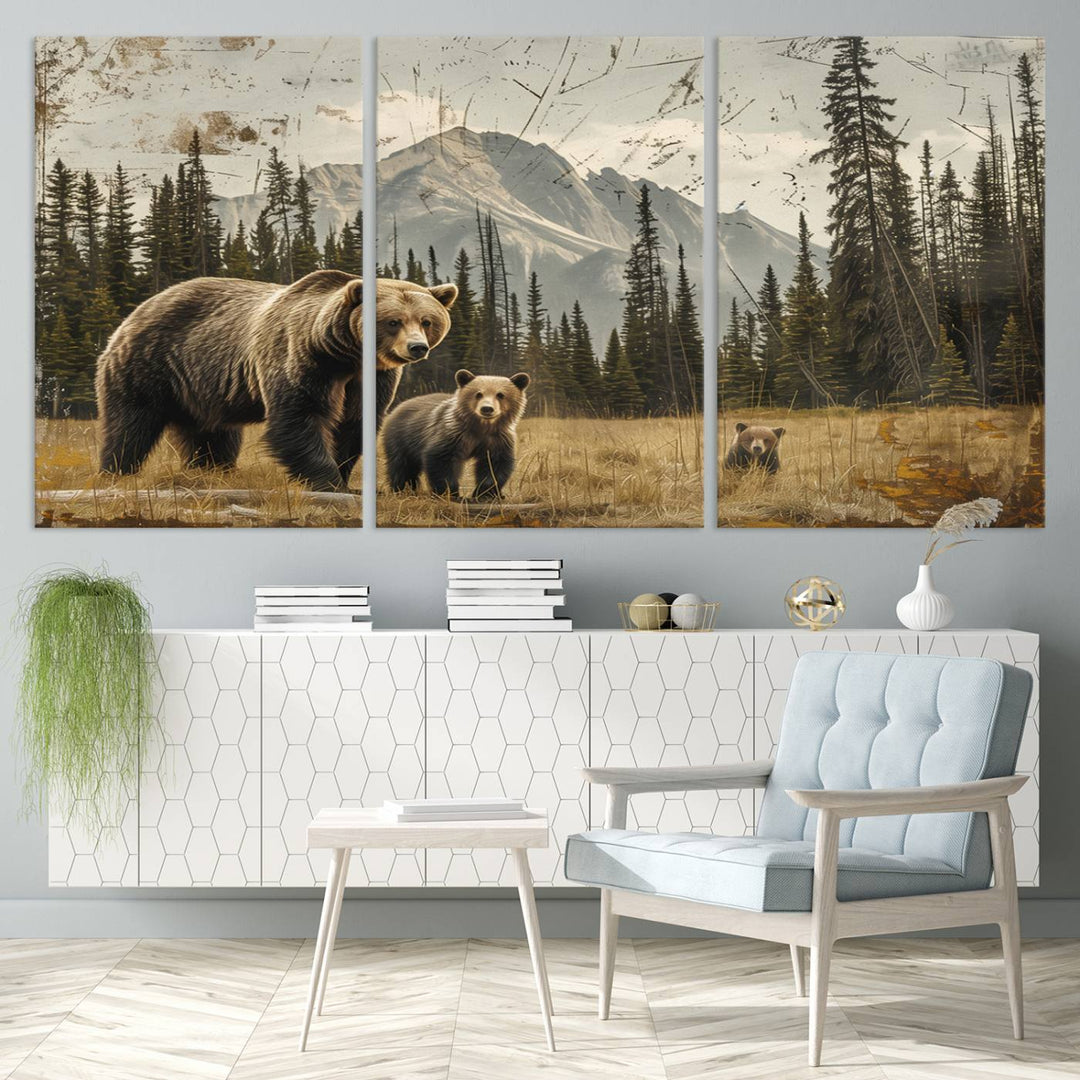 Displaying the Rustic Grizzly 399 Bear Family Wall Art Canvas Print in a modern living space adds remarkable charm. This triptych piece showcases a bear family in the forest, printed on museum-quality canvas and ready to hang, seamlessly enhancing your decor with its striking detail and elegance.