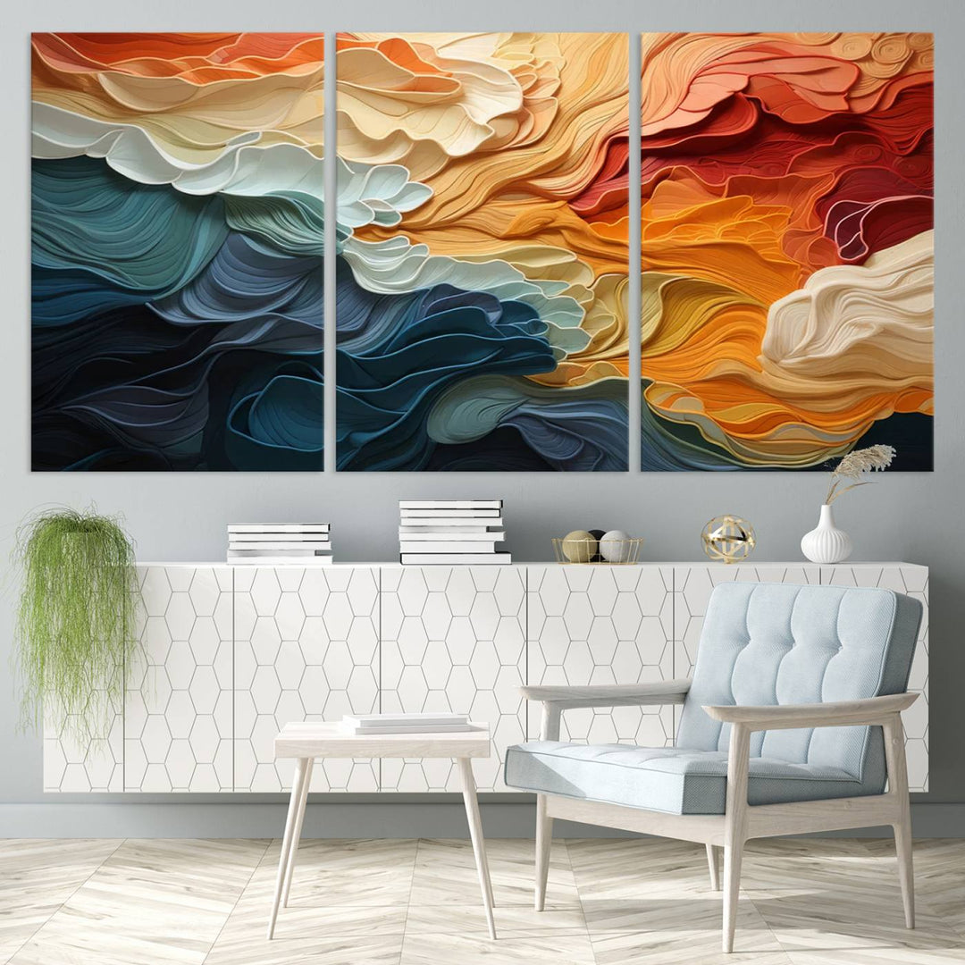 A Blue Orange Abstract Wave Wall Art Canvas Print adorns the wall. This colorful masterpiece is professionally hand-assembled to enhance any space.