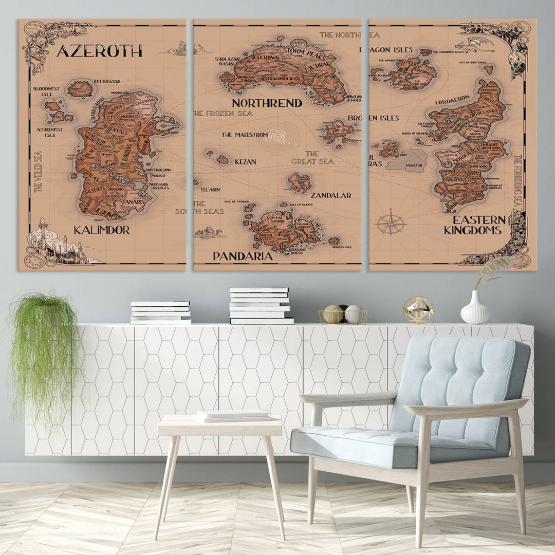 The Vintage Azeroth World Map Canvas Print, a stunning three-piece set, enhances the space with its vintage charm, perfectly complementing your gaming decor.