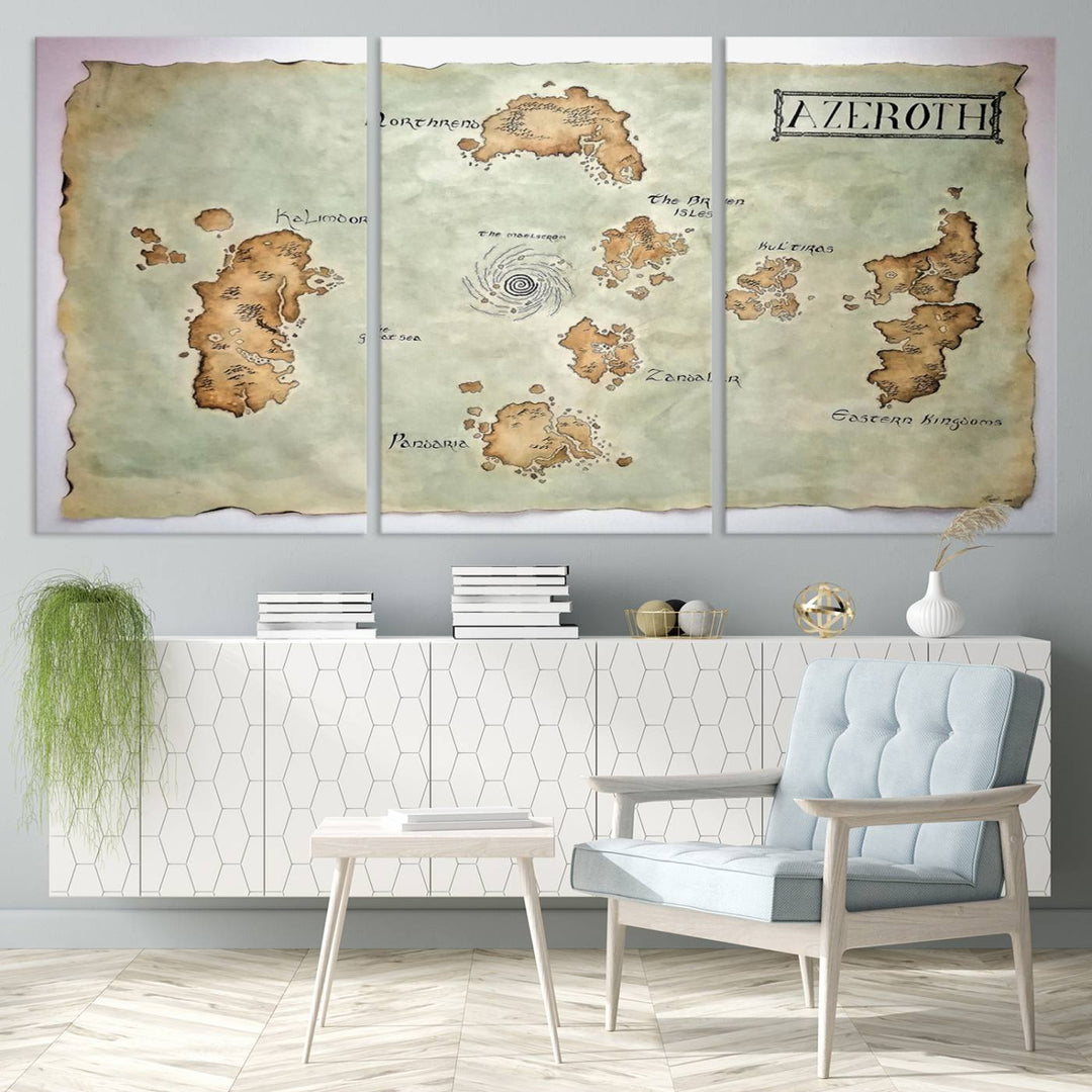 The Azeroth World Map Wall Art Canvas Print, a three-panel vintage piece, brings a cozy fantasy gaming atmosphere to the room.