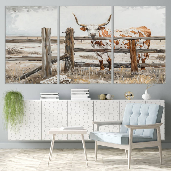 The Abstract Longhorn Cow Wall Art, a ready-to-hang framed canvas print, adds rustic charm and perfectly captures the essence of rural elegance.