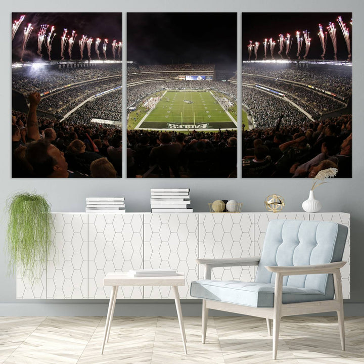 The living room features a spectacular Philadelphia Eagles Football Team Print. This wall art canvas print of Lincoln Financial Field at night captures a Philadelphia Eagles game under the dazzling brilliance of fireworks, making it an eye-catching centerpiece.