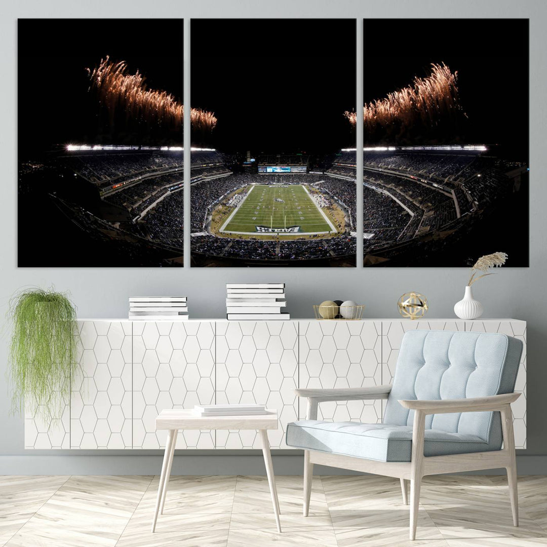 A stunning triptych wall art featuring the Philadelphia Eagles Football Team Print, capturing Lincoln Financial Field with spectacular fireworks.