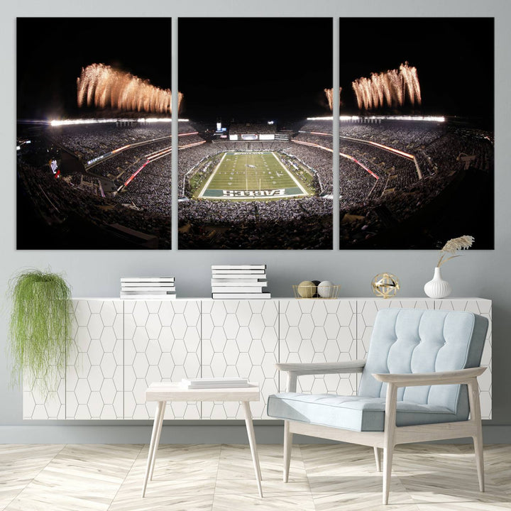 Experience the breathtaking Lincoln Financial Field Fireworks Game captured in this triple canvas wall art. A must-have for any Philadelphia Eagles fan!