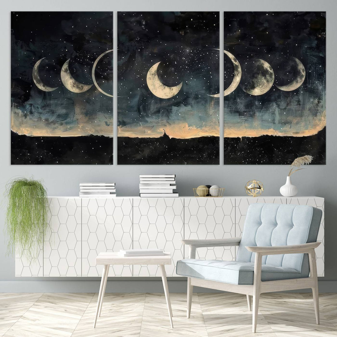 The "Phases of the Moon Wall Art," a framed canvas series capturing the celestial beauty of lunar cycles against a starry night, adds an elegant touch to the contemporary dining room.