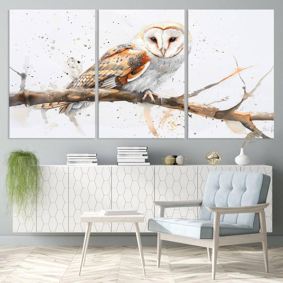 Introduce the tranquility of nature into your home with this stunning canvas print, featuring a Barn Owl on a branch. This triptych wall art, ready to hang and elegantly framed, is perfect for nature lovers seeking serene decor pieces.