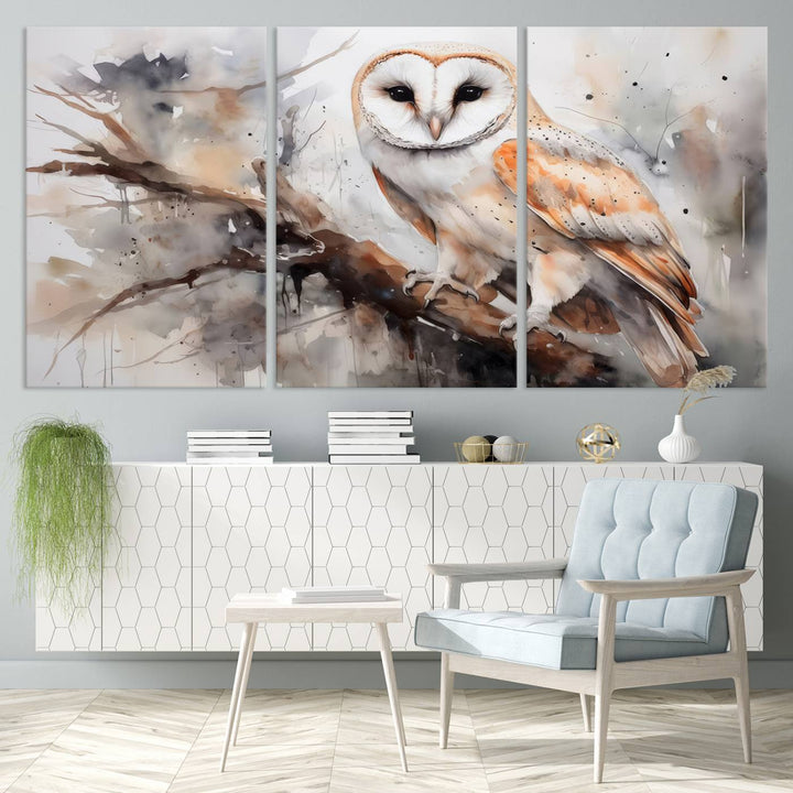 The Barn Owl Wall Art, a watercolor canvas print, elegantly adorns the wall in a modern living room, seamlessly merging farmhouse wall decor with contemporary style.