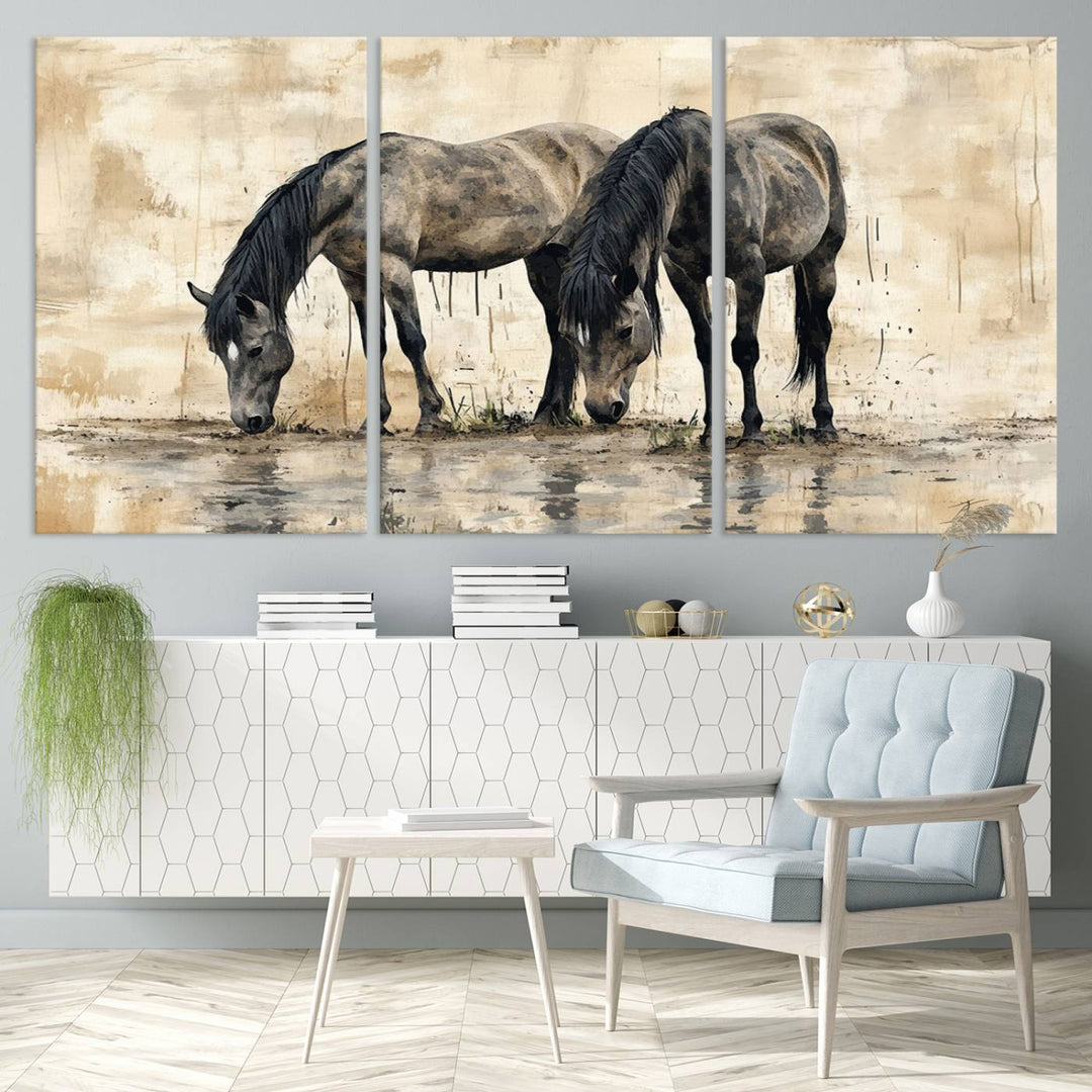 Chines Ink Style Black Horses Wall Art Canvas Print features a triptych painting of two horses drinking at the water's edge.