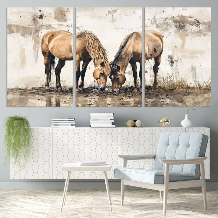 The Vintage Horses Wall Art, a ready-to-hang and framed triptych, beautifully captures two horses gracefully grazing. It perfectly complements the rustic charm of western farmhouse wall decor.