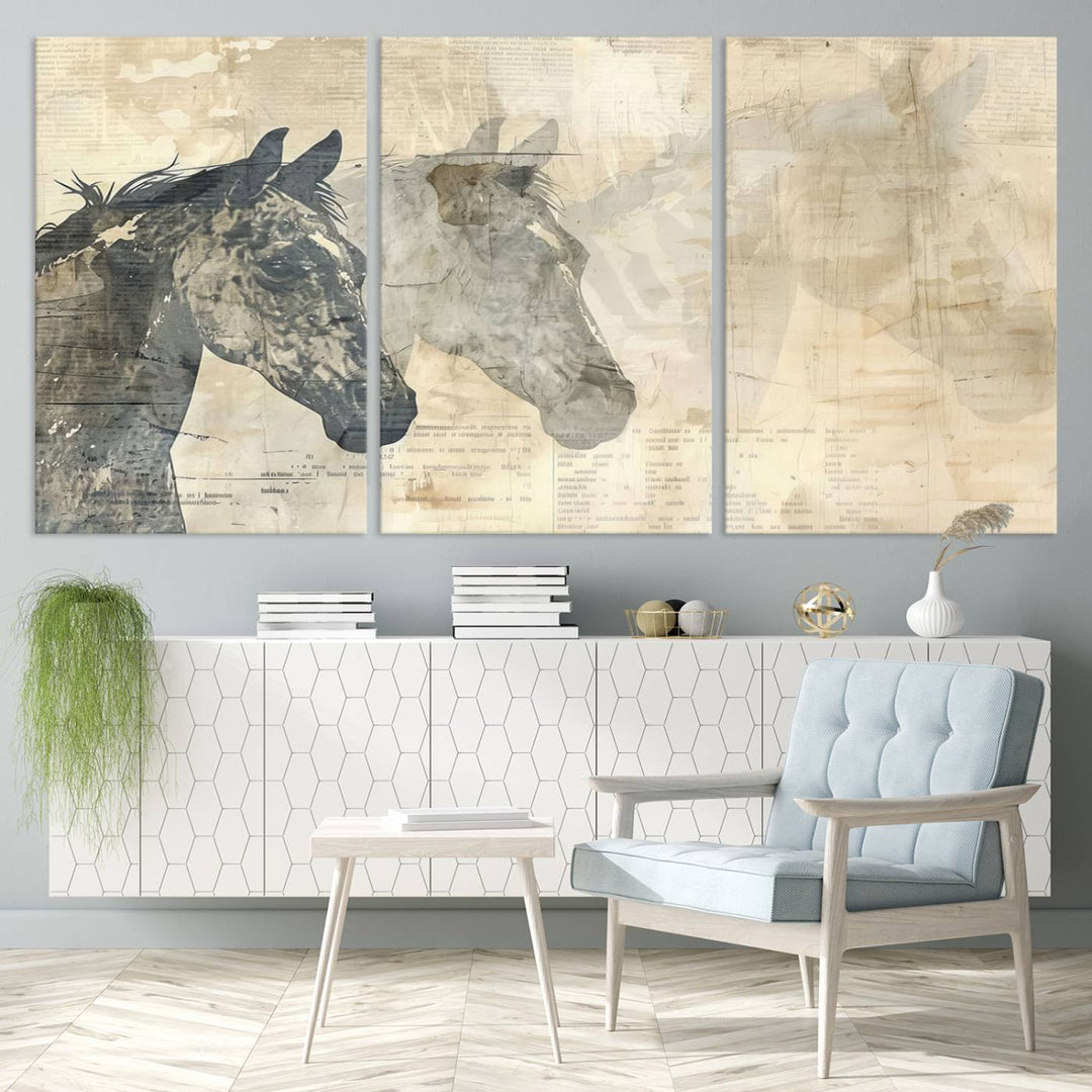 The Abstract Horse Canvas Print in muted tones, a modern farmhouse wall art piece that's ready to hang framed, elegantly decorates the space.