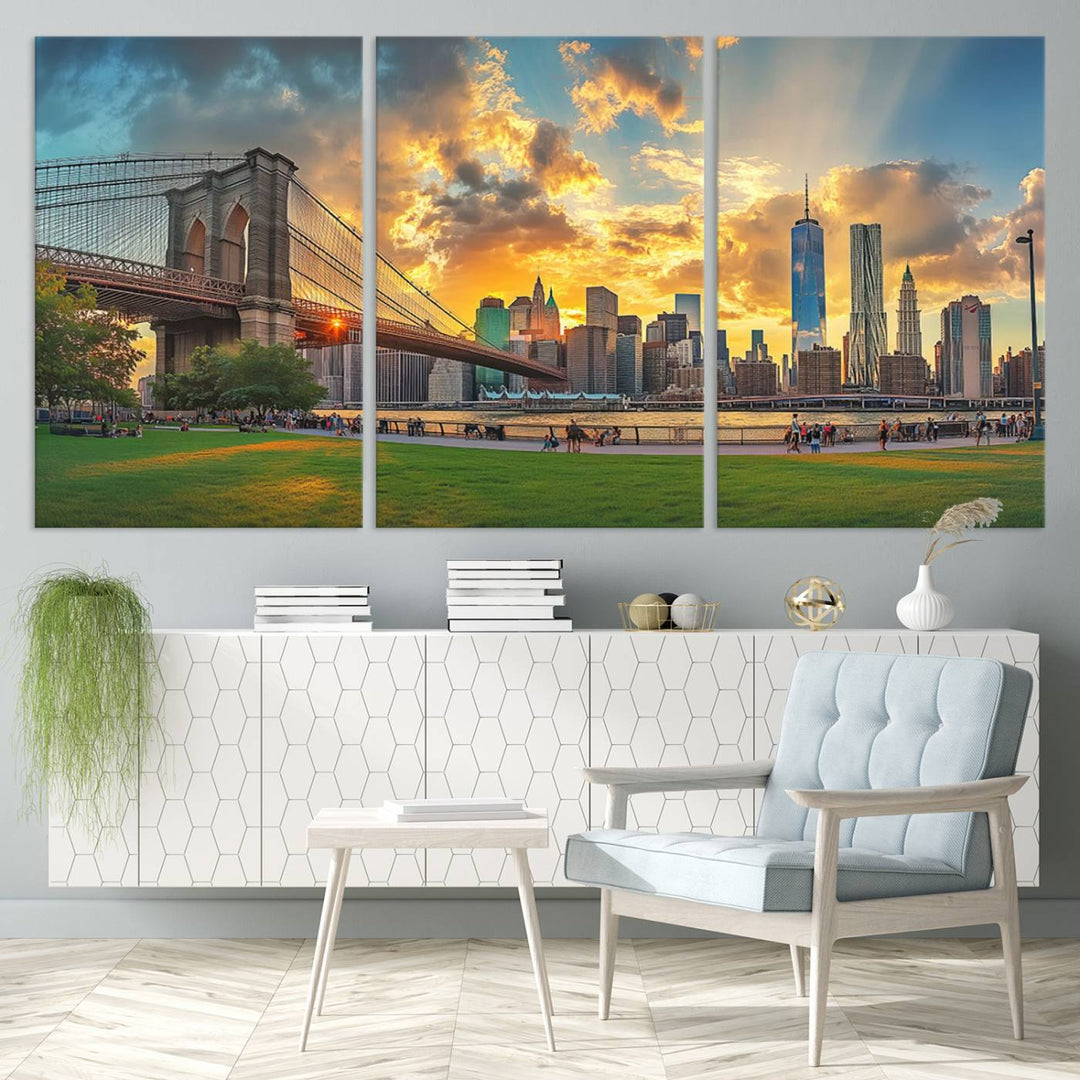 The "Brooklyn Bridge New York Skyline Wall Art" is a ready-to-hang framed canvas print that beautifully captures the cityscape at sunset, showcasing the iconic Brooklyn Bridge and majestic skyscrapers.