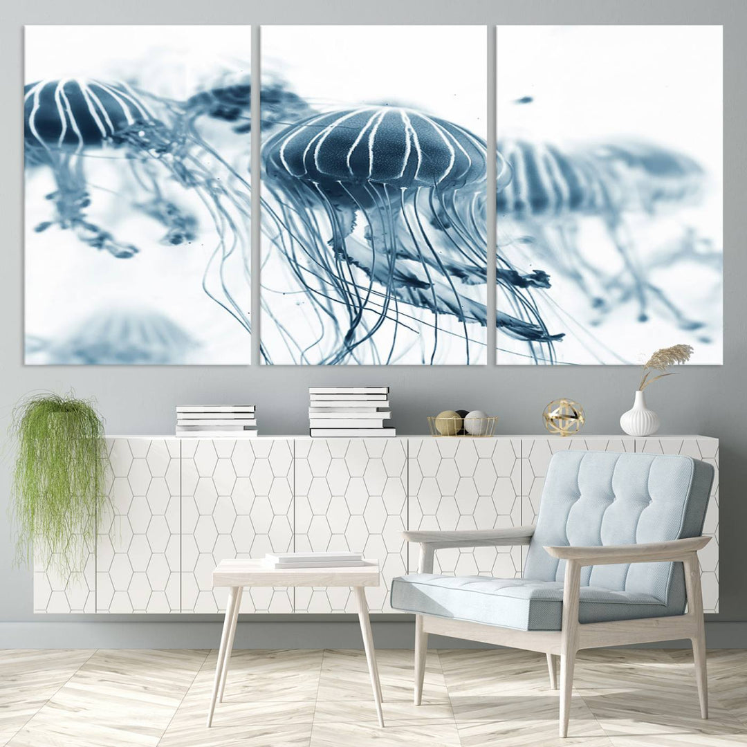 The Abstract Jellyfish Wall Art Canvas Print, a three-panel piece featuring high-resolution printing, hangs elegantly in the room, adding vibrant detail to the space.