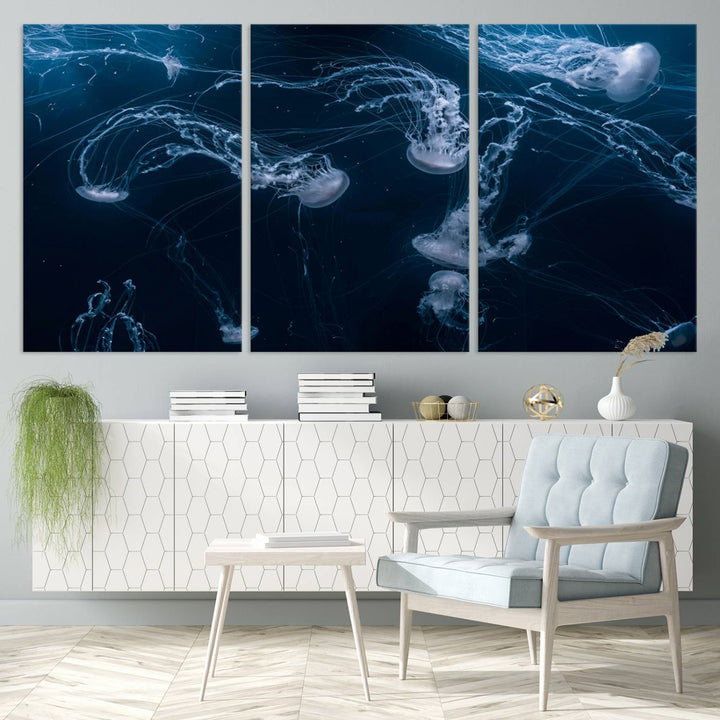 Room with modern decor, featuring the Abstract Jellyfish in Ocean Wall Art Canvas Print on museum-quality canvas.