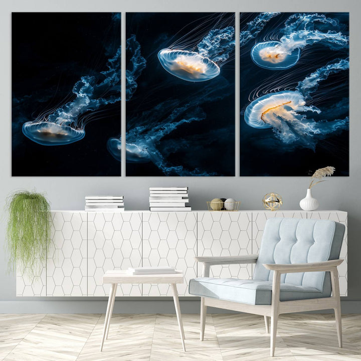 The "Jellyfish Wall Art Canvas Print," featuring a sea-themed design of glowing jellyfish, is displayed in high-resolution on museum-quality canvas.