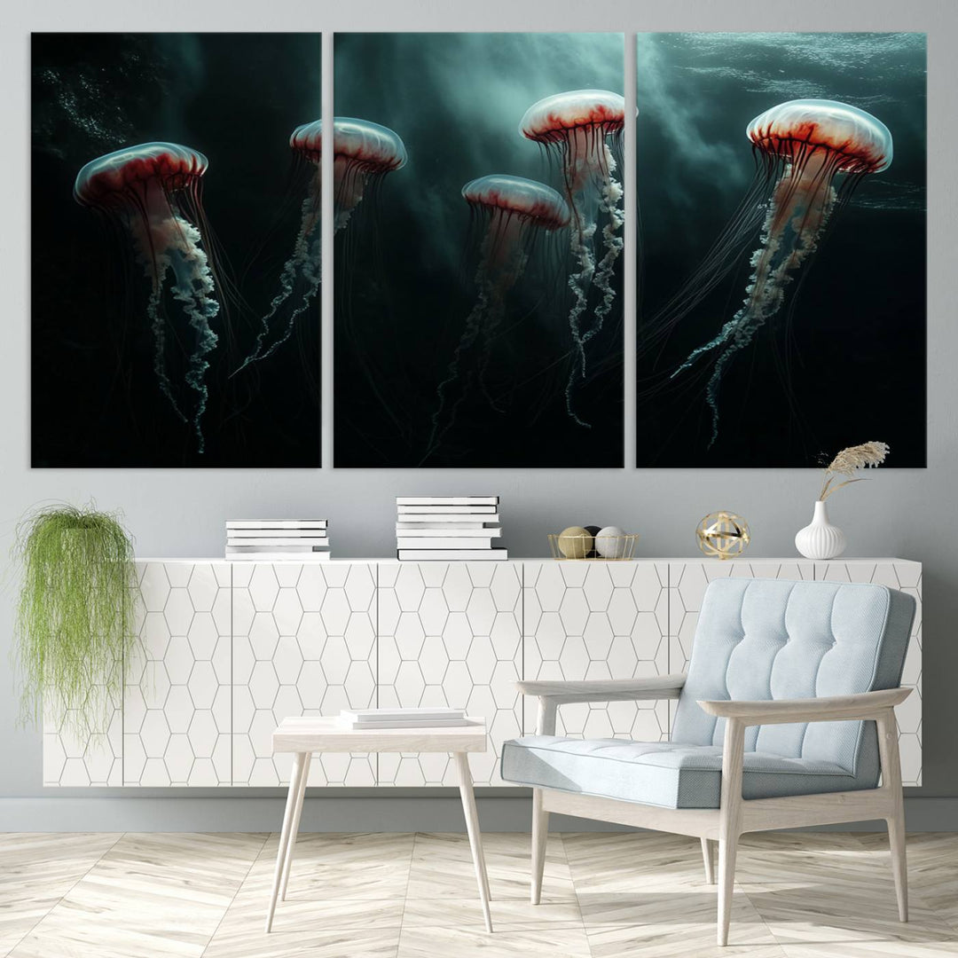 The Abstract Jellyfish Wall Art Canvas Print, framed in the USA and showcased on museum-quality canvas with high-resolution printing, adds a decorative touch to the space.