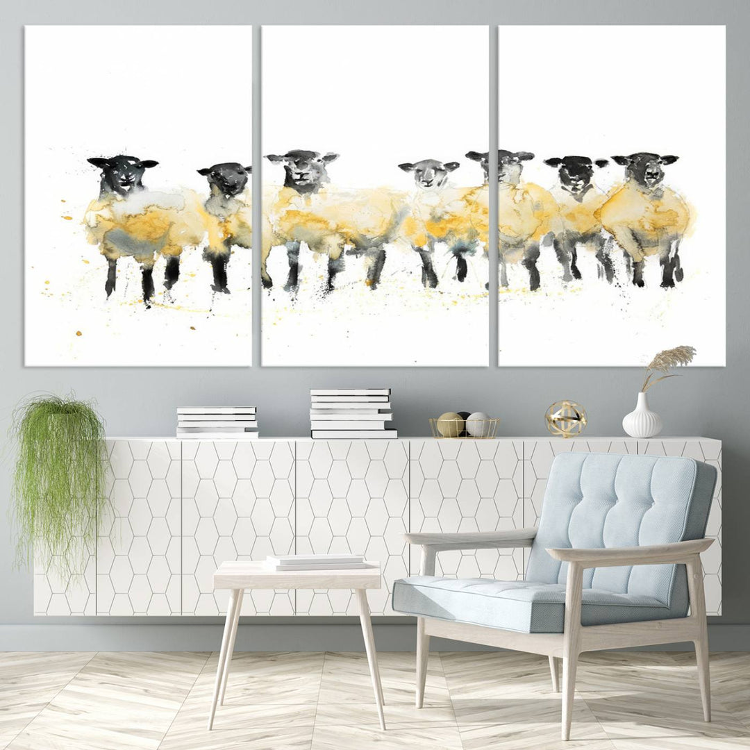 The Farmhouse Wall Art Sheep Print, ready to hang as a framed canvas, adorns the black wall, adding a hint of rustic barn decor.