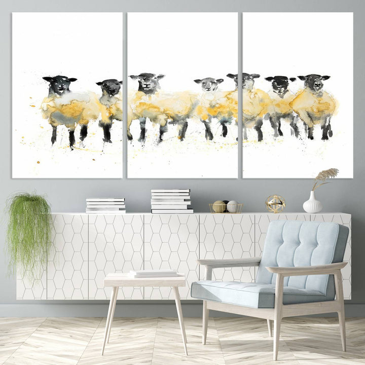 The Farmhouse Wall Art Sheep Print, ready to hang as a framed canvas, adorns the black wall, adding a hint of rustic barn decor.