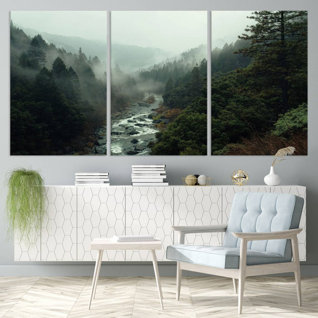 Misty Forest Wall Art | Ready to Hang and Framed | Tranquil Nature Landscape for Living Room or Cabin Wall Decor