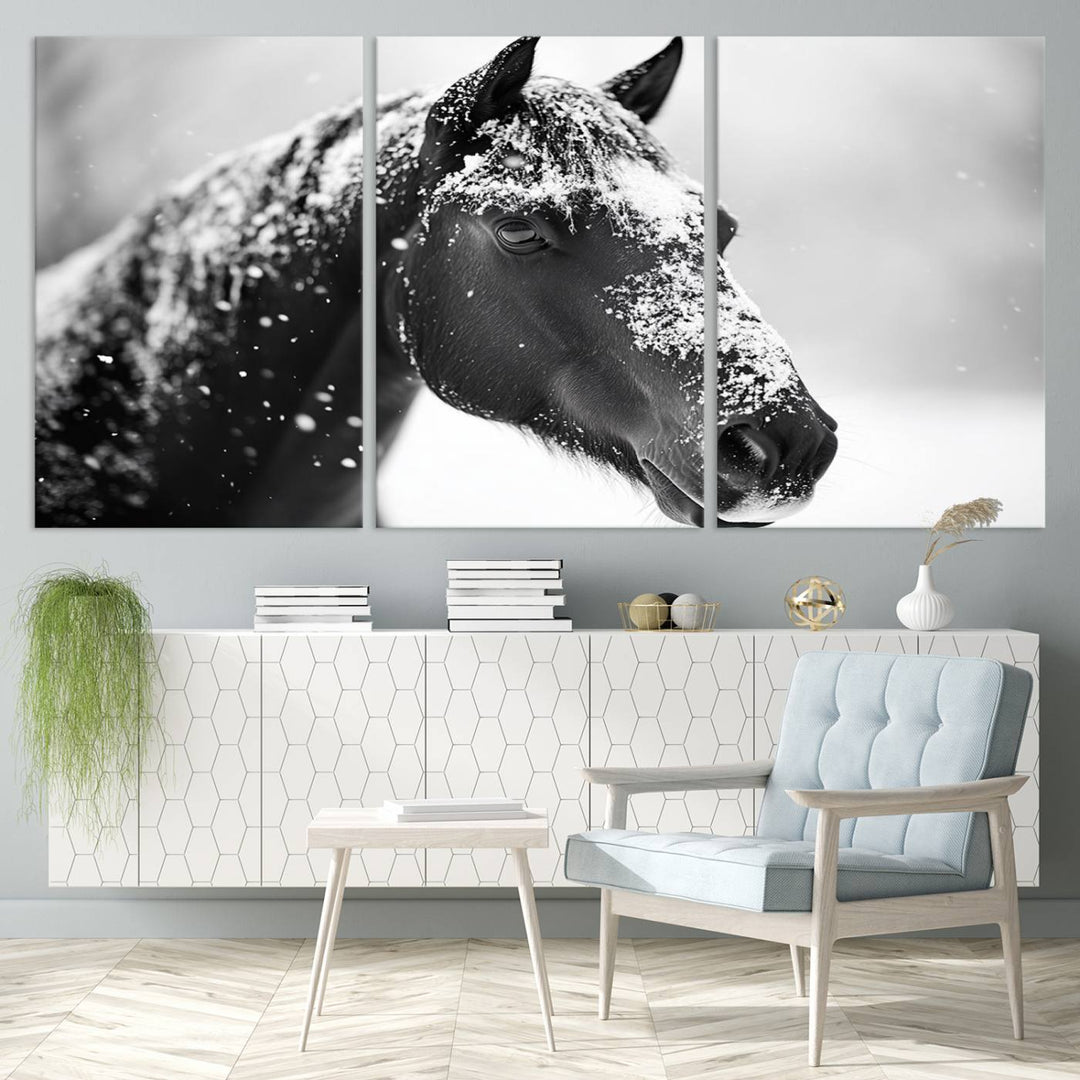 A set of Winter Horse Snow Wall Art Canvas Prints hangs, creating the perfect touch of Rustic Cabin Decor.