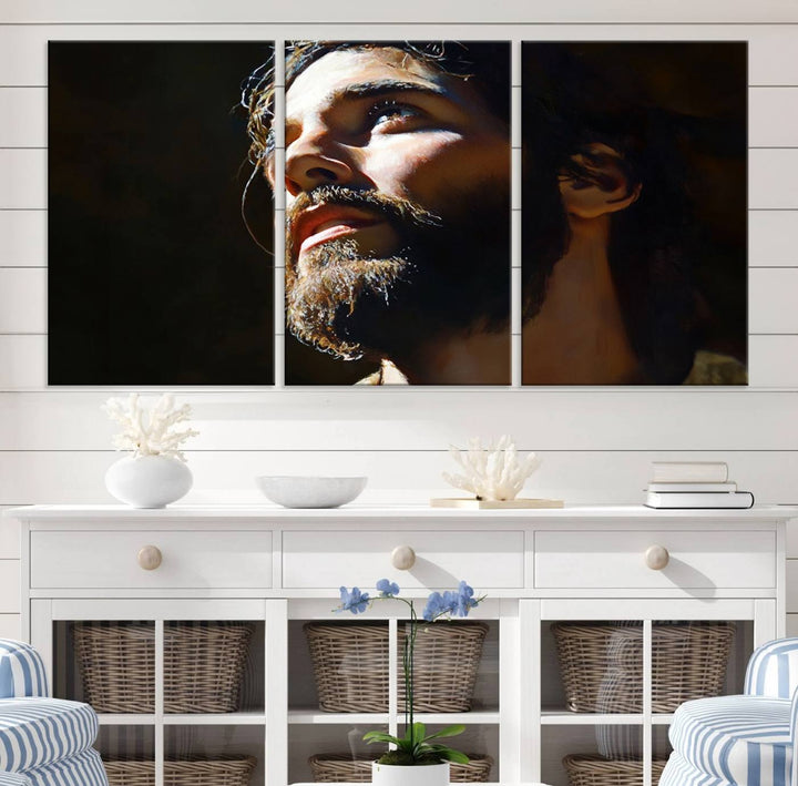 The Jesus Portrait Wall Art Canvas Print features a thoughtful depiction of Jesus Christ in an oil painting style, adding an inspirational religious touch to the decor.