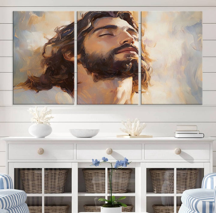 This museum-quality canvas print, titled "Jesus Portrait," features an oil painting style depiction of Jesus Christ with a closed-eyed expression. The high-resolution printing captures every detail beautifully.