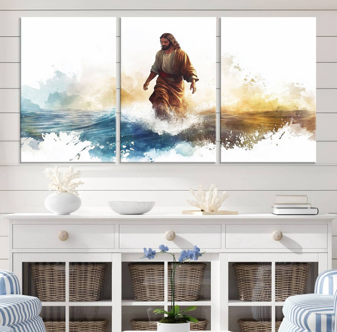 Watercolor Jesus Walking on Water Canvas Print, Christian Wall Art, Jesus Christ Walking