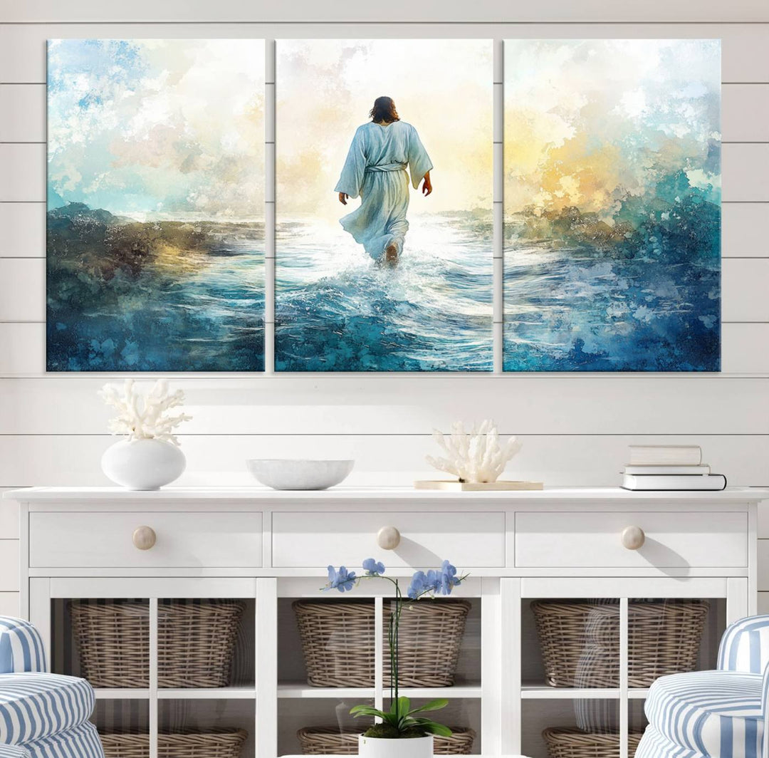 Watercolor Jesus Walking on Water Canvas Print, Christian Wall Art, Jesus Christ Walking