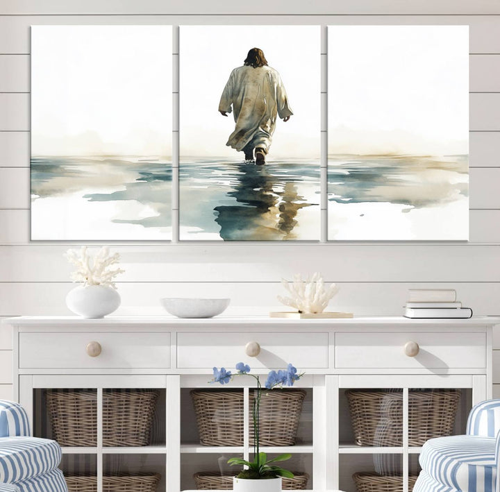 The "Watercolor Jesus Walking on Water Canvas Print" is a breathtaking piece of religious home decor that captures Jesus walking on water in beautiful detail. This Christian wall art hangs gracefully, showcasing its artistic beauty.