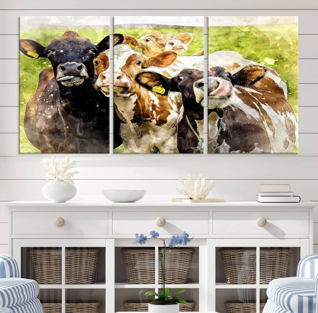 A charming triptych featuring the "Curious Cows Farmhouse Wall Art," a ready-to-hang and framed canvas print, adds a touch of rustic farm decor to the space.