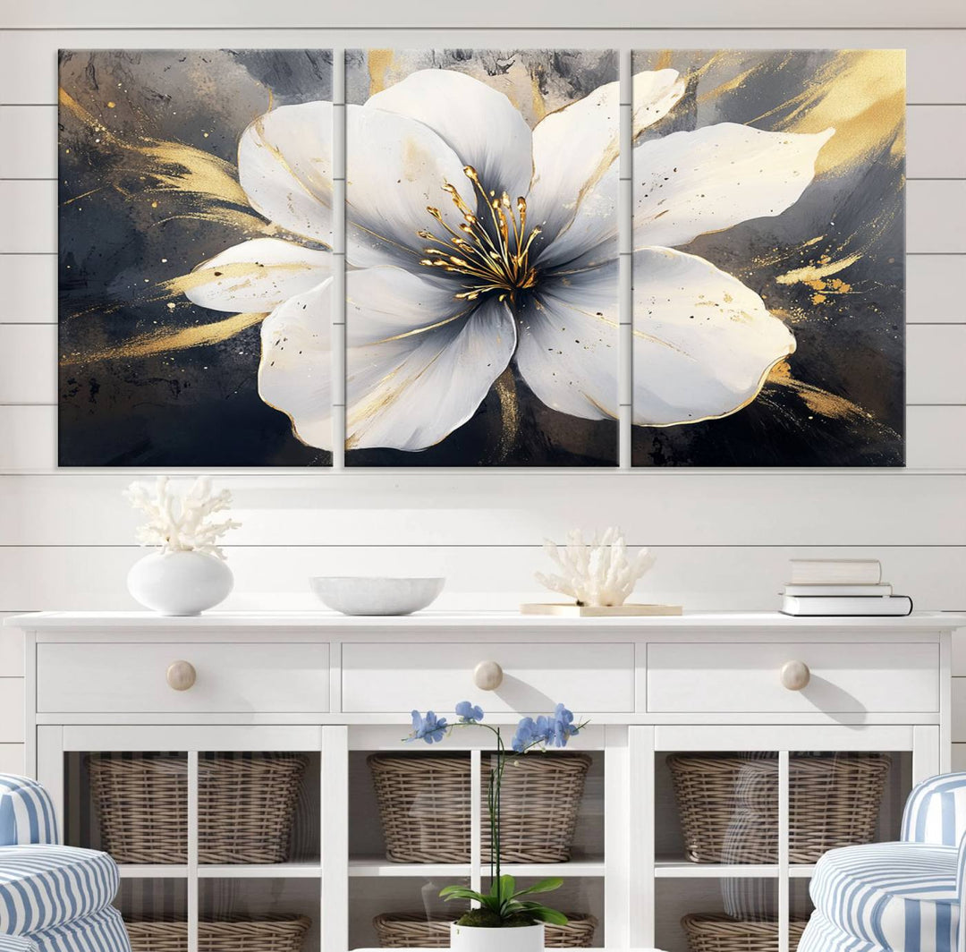 White Flower Wall Art | Canvas Print | Ready to Hang | Abstract Floral Wall Decor | Elegant Bloom Artwork | Framed for Living Room or Bedroom