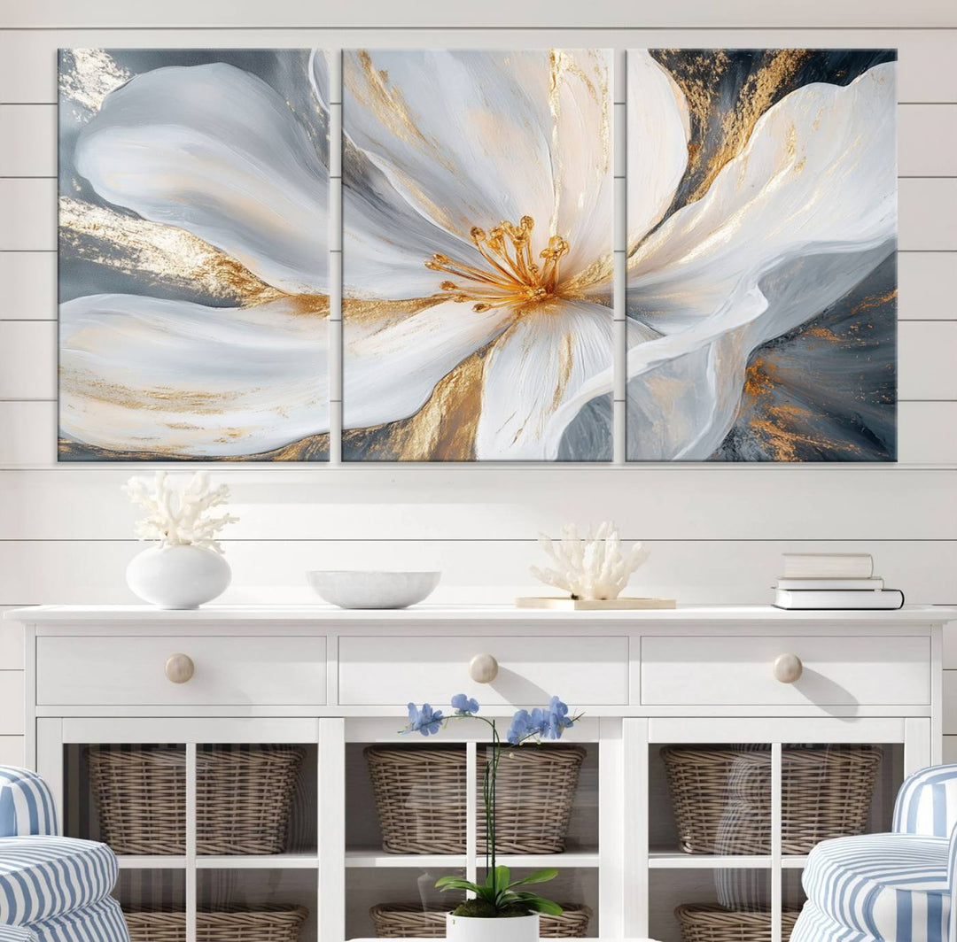 White and Gold Floral Canvas Wall Art - Framed and Ready to Hang - Perfect for Modern Living Rooms