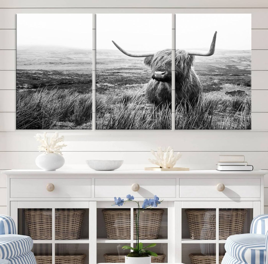 Scottish Highland Cow Wall Art | Black and White Canvas Print | Ready to Hang and Framed | Rustic Farmhouse Wall Decor for Living Room or Office