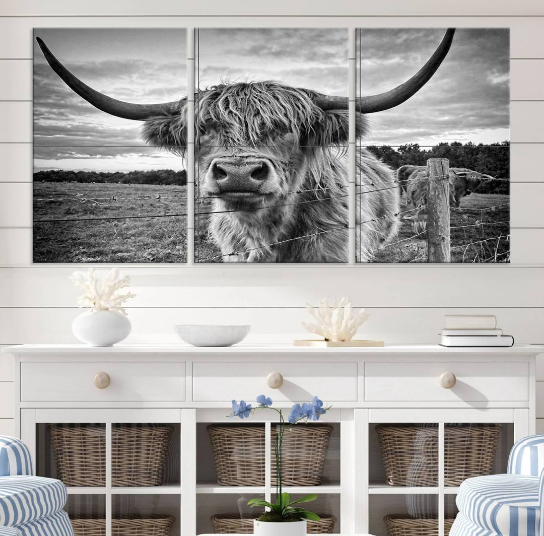 Scottish Highland Cow Wall Art Canvas Print | Ready to Hang and Framed | Rustic Farmhouse Decor