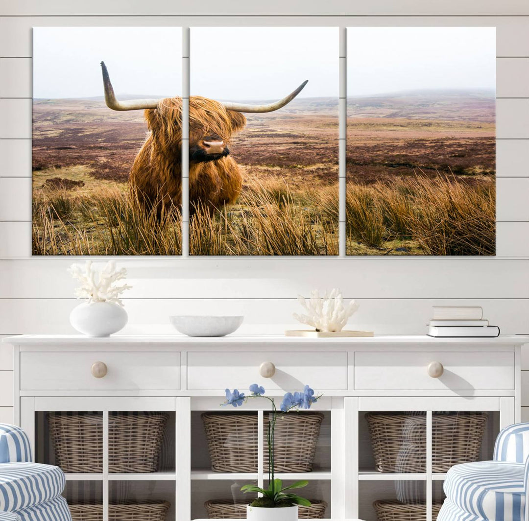 Scottish Highland Cow Wall Art Canvas Print | Ready to Hang and Framed | Rustic Farmhouse Decor for Living Room or Cabin