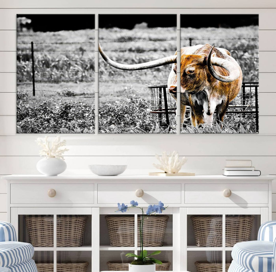 Majestic Texas Longhorn Cow Wall Art | Rustic Farmhouse Décor | Ready to Hang Canvas Print