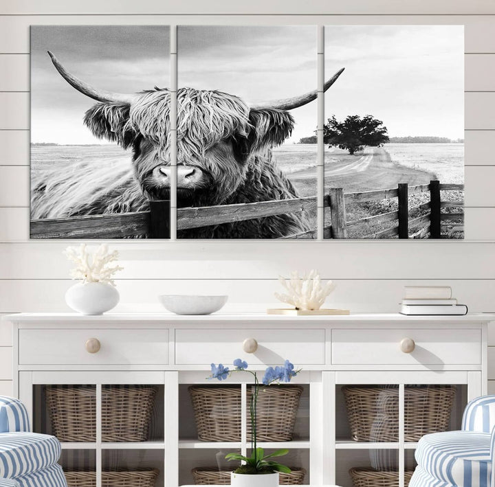 Scottish Highland Cow Wall Art | Rustic Farmhouse Décor | Black and White Ready to Hang Canvas Print