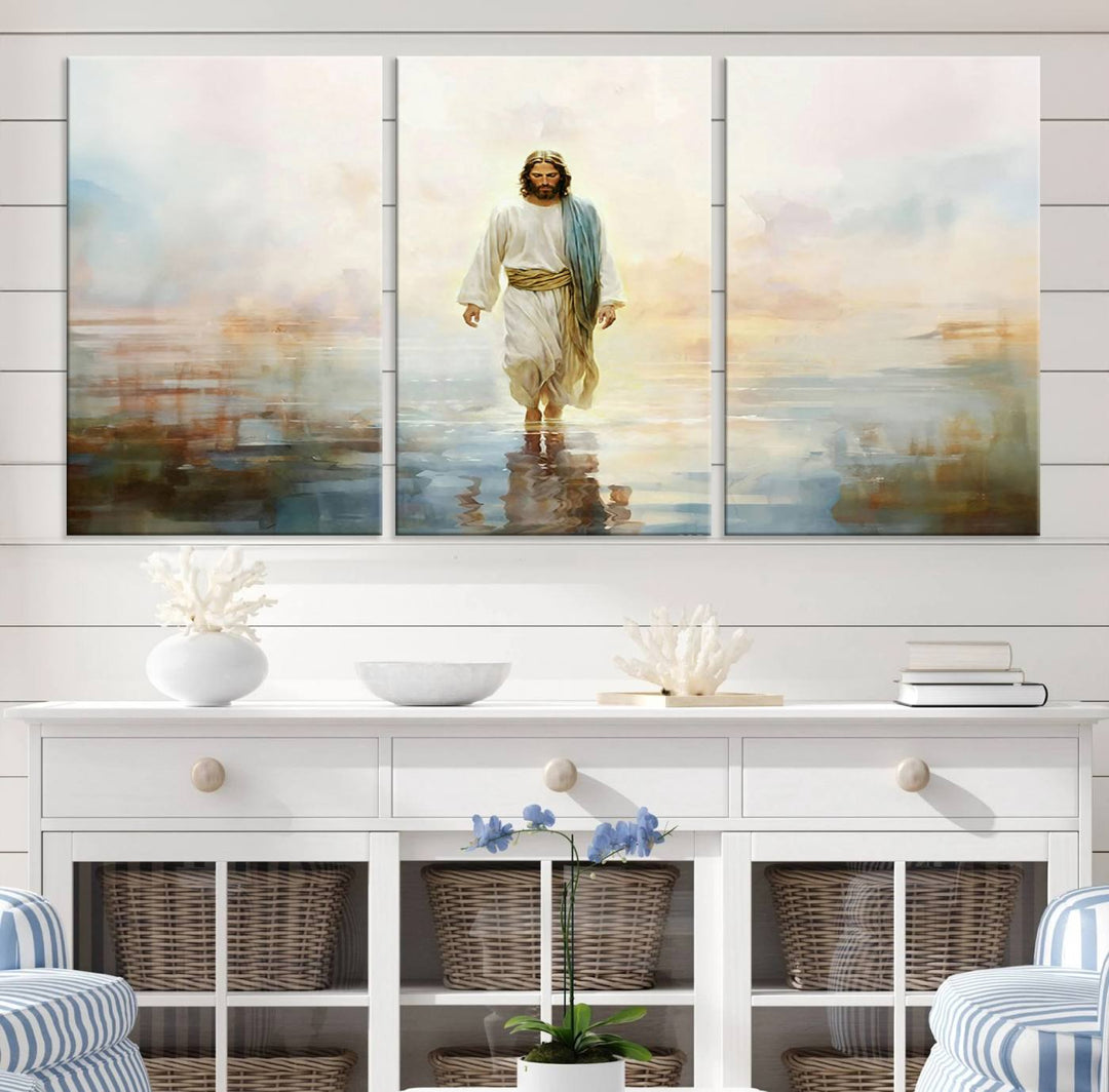 Framed Jesus Walking on Water Wall Art - 3-Panel Christian Canvas Prints, Religious Artwork, Ready to Hang Home Decor for Living Room, Office, or Church