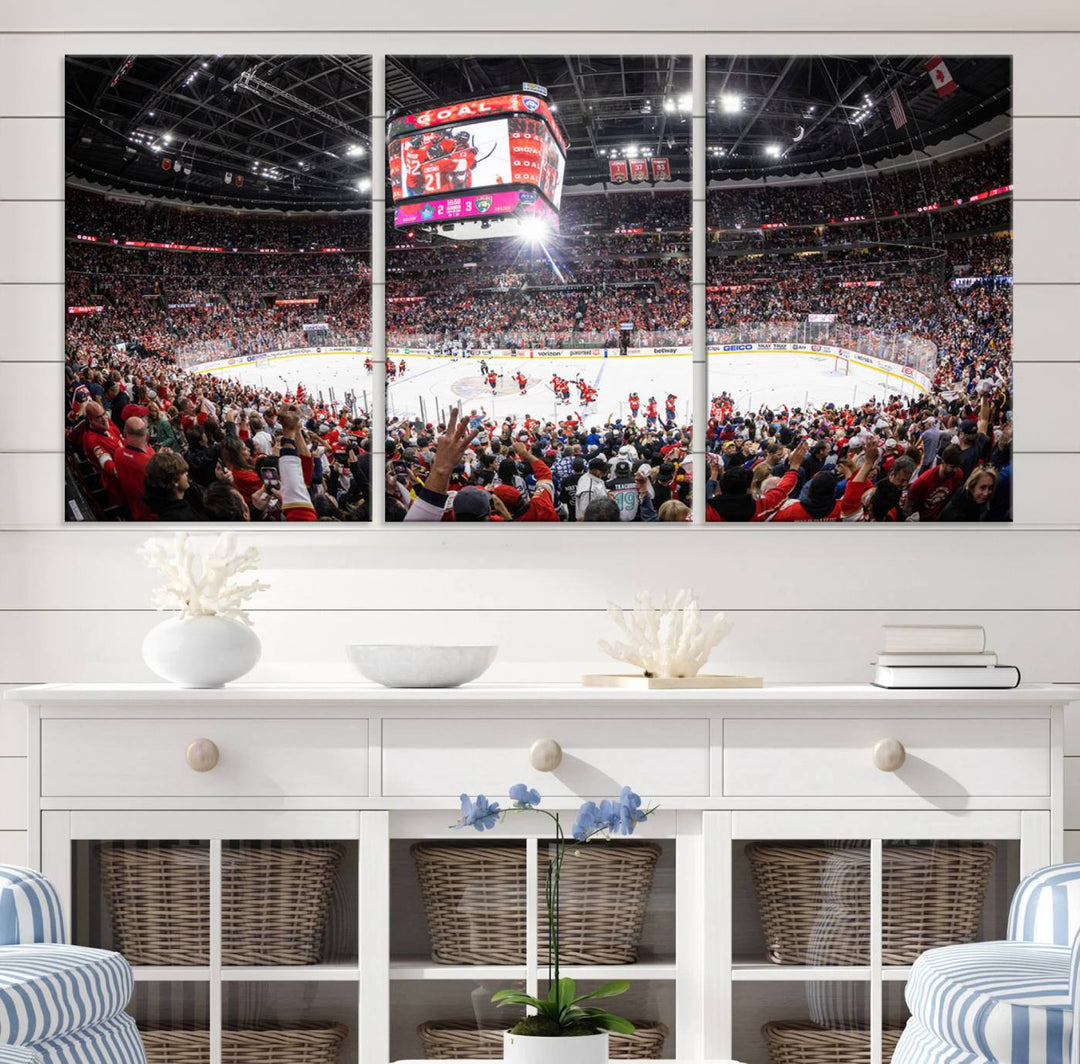 The wall art, a high-quality basketball arena canvas, evokes the excitement of fans cheering at the Amerant Bank Arena.