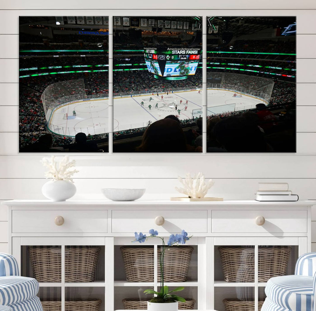 The Dallas Stars Wall Art Canvas Print is as clear as the scoreboard stats at a hockey game in a large arena with bright lights.