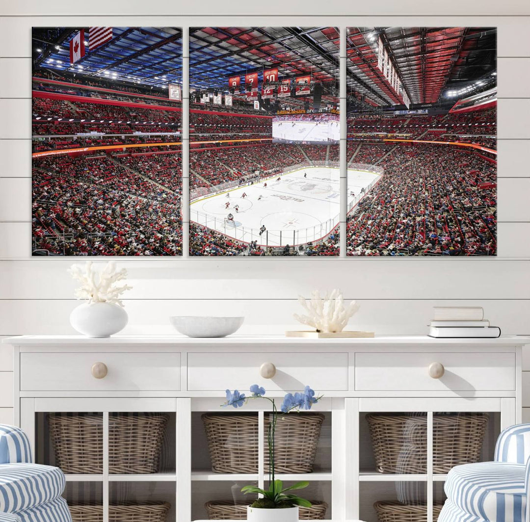 A Barton Malow canvas depicting Little Caesars Arena from above is beautifully printed in high resolution for your wall.