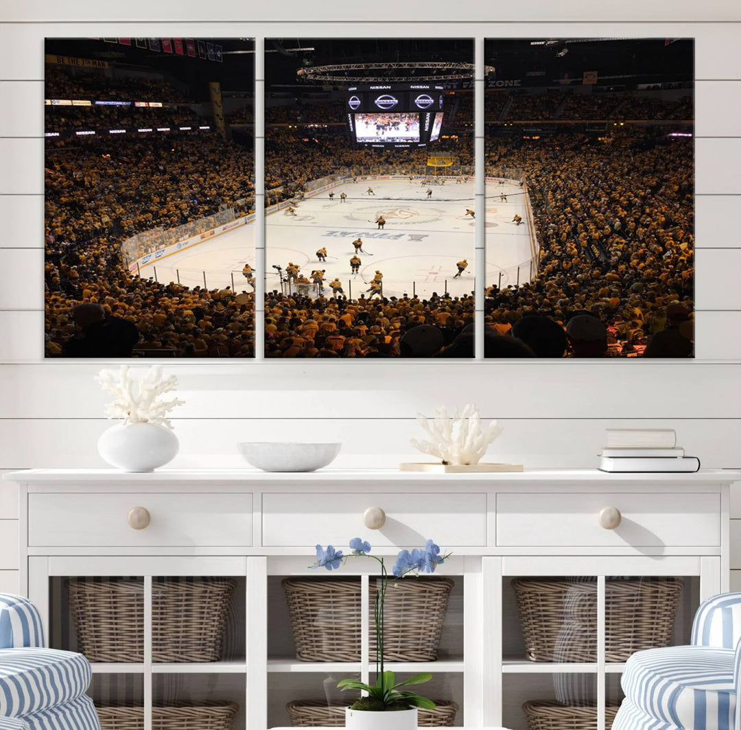 A captivating triptych canvas print, titled "Bridgestone Arena - Nashville Predators Hockey Team Print," adorns the wall. This Nashville wall art canvas print is perfect for Predators fans who appreciate sports-themed decor.