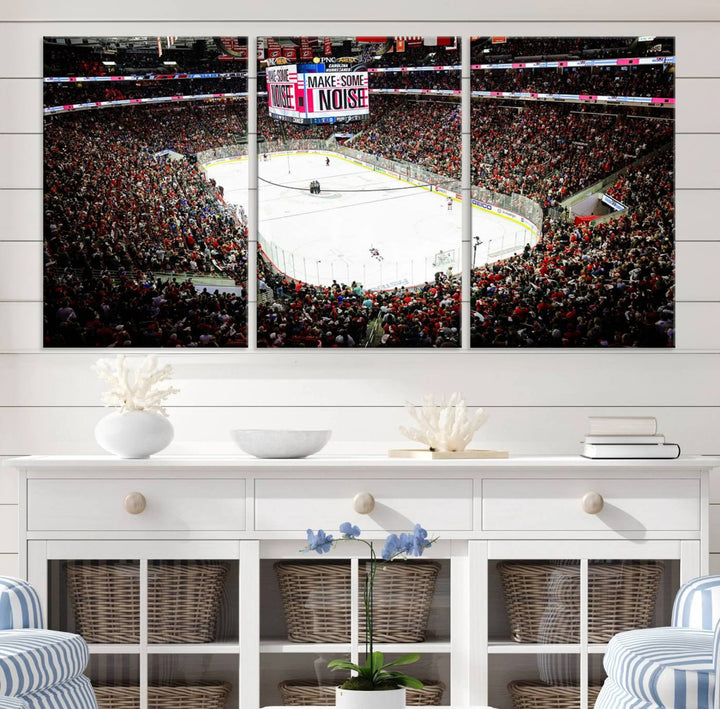 The living room features the PNC Arena Raleigh North Carolina Hurricanes Hockey Stadium Wall Art Canvas Print, which depicts a crowded ice hockey stadium with enthusiastic fans and an ongoing game, all rendered in high-resolution on museum-quality canvas.