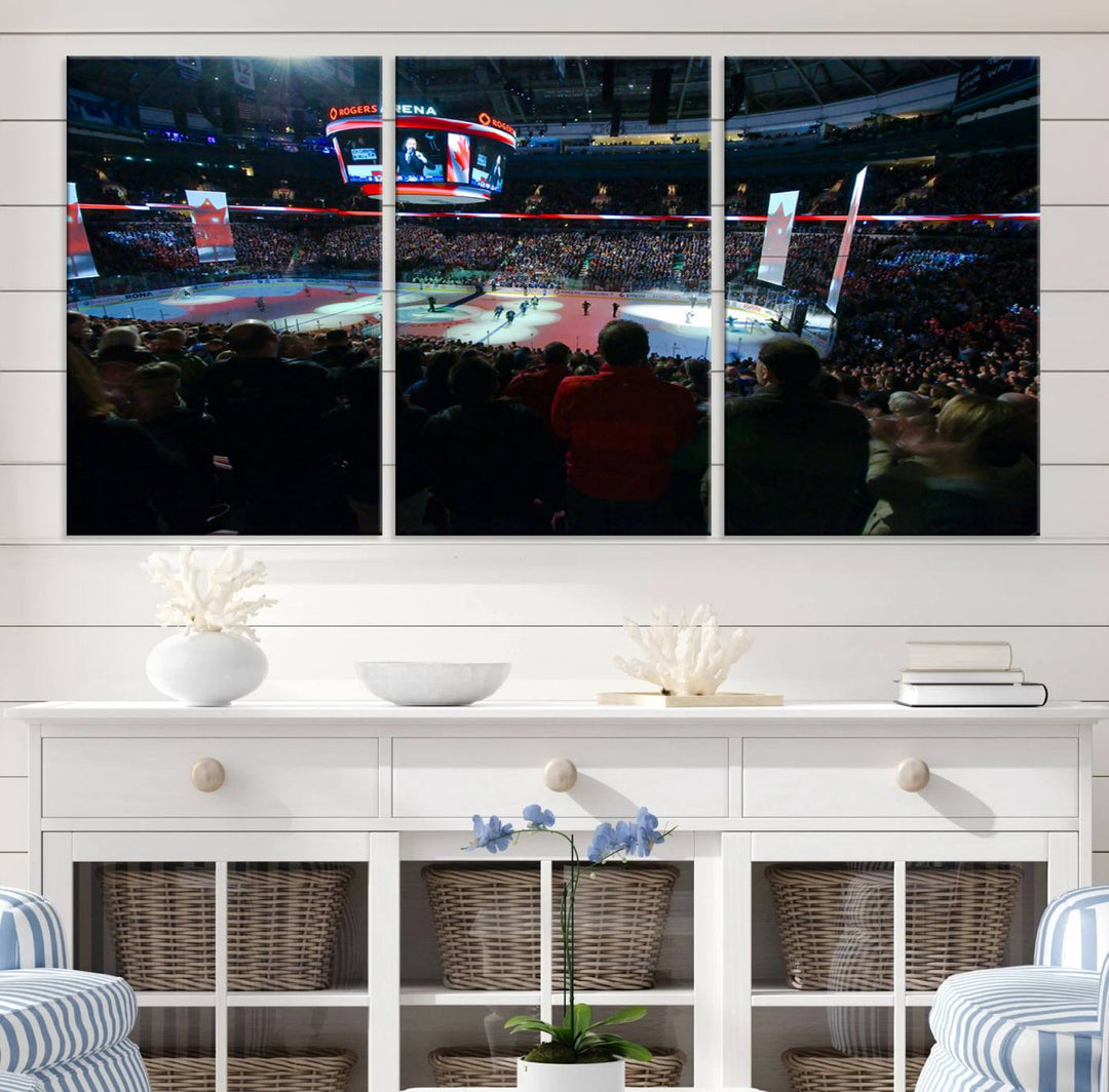 Experience the intense atmosphere of a full-capacity ice hockey game at Rogers Arena, home of the Vancouver Canucks, captured on museum-quality canvas.